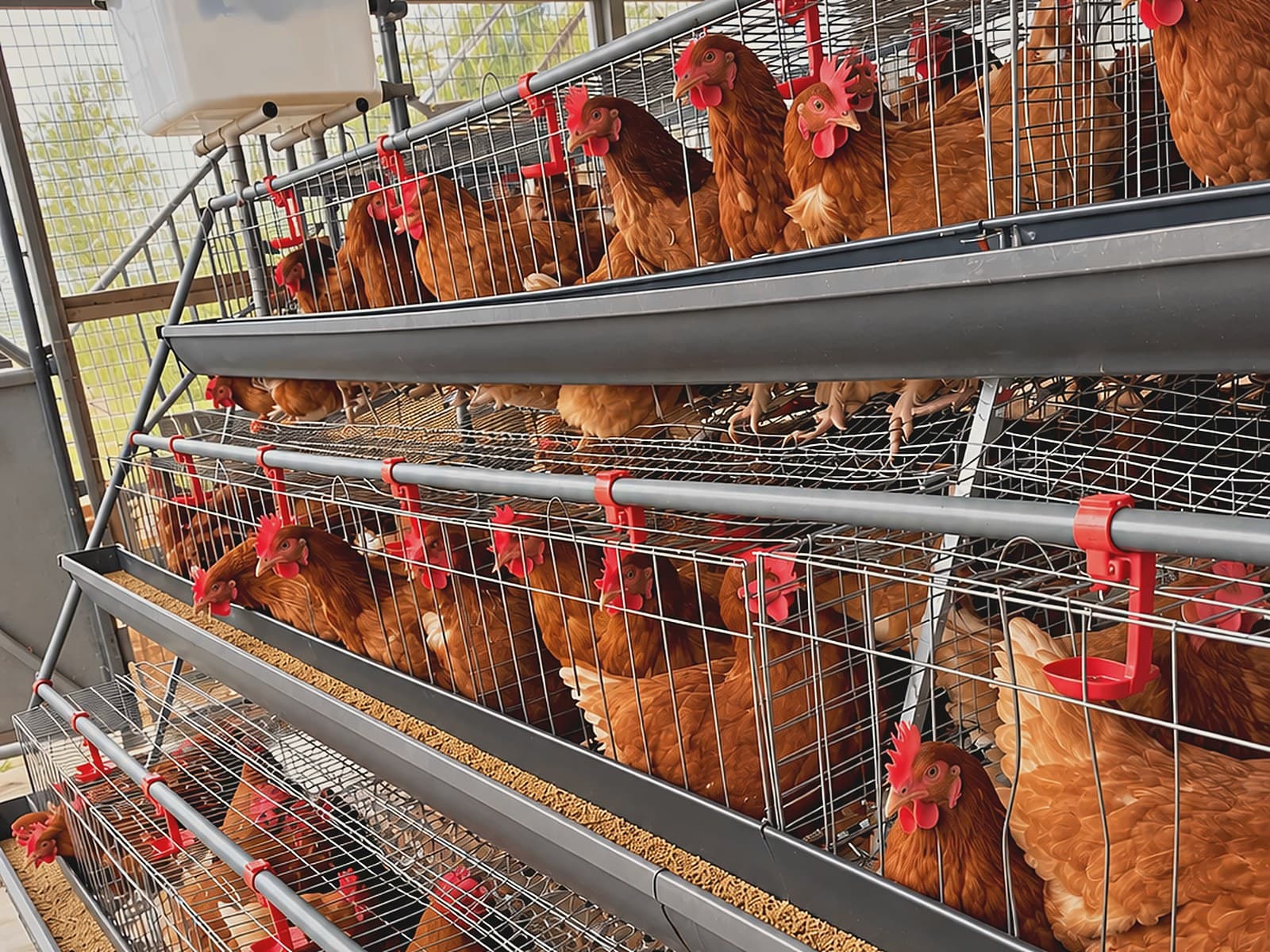 Tiered layer cages with drinker line and feed troughs at KR Farms